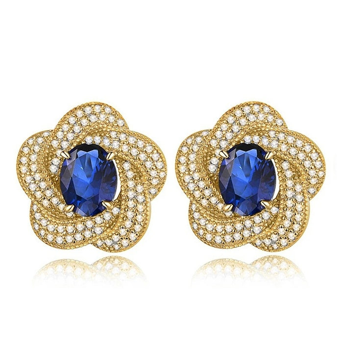 European Vintage Oval Tanzanite Look Stud Earrings With Flower Design For Elegant Women