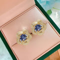 European Vintage Oval Tanzanite Look Stud Earrings With Flower Design For Elegant Women view 3