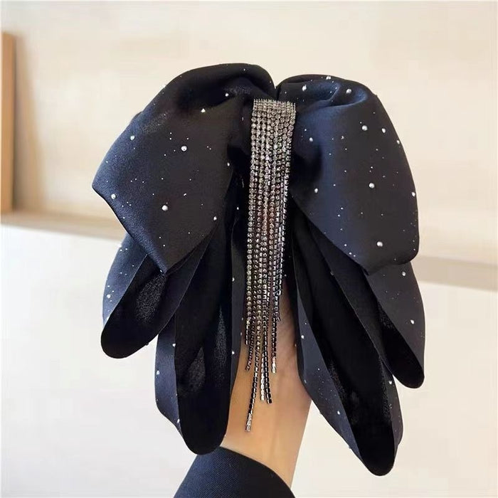 Satin Bow Claw Clip With Tassel Rhinestone Hair Accessory