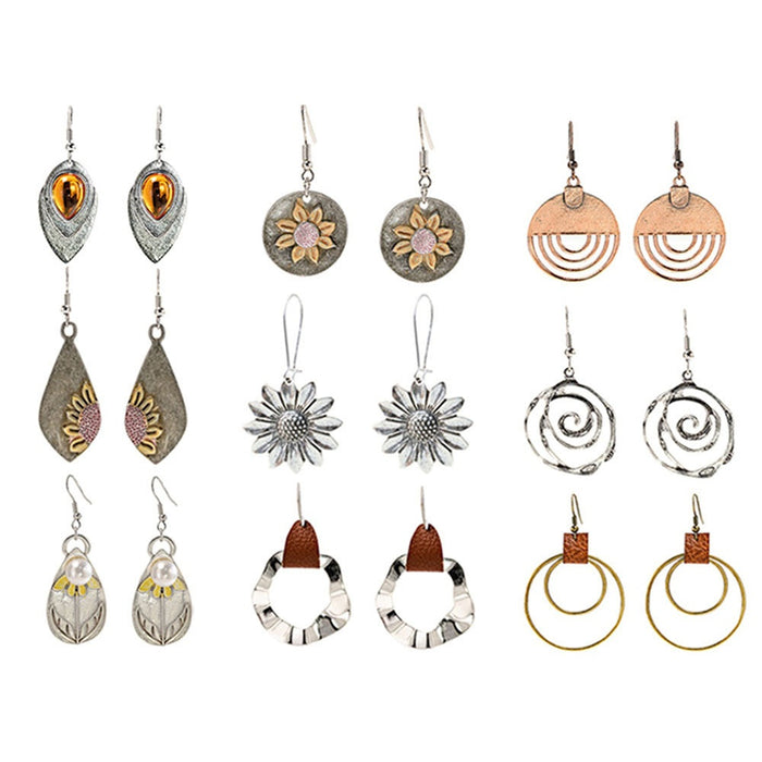 Bohemian Geometric Round Earrings, Vintage Distressed Flower Hollow Teardrop Wood Drop Earrings