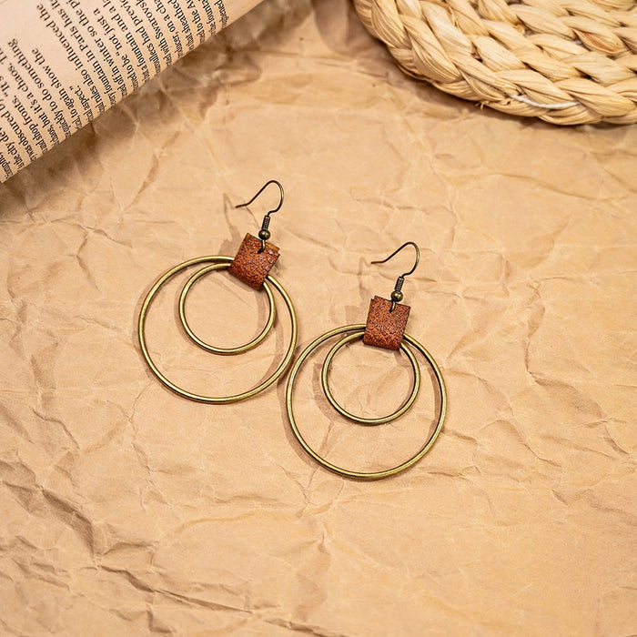 Vintage Bohemian Geometric Double Circle Alloy Hoop With Faux Leather Accent Drop Hook Earrings