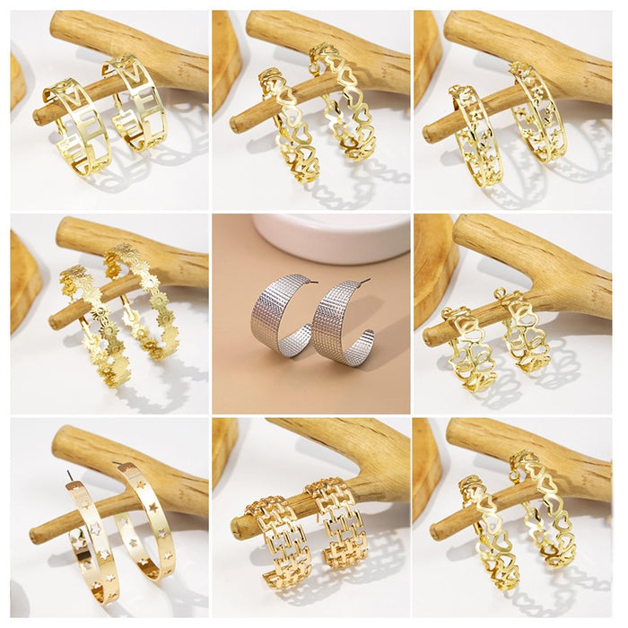 Metal C Shape Stud Earrings With Silver Pin Cat Paw Hollow Geometric Hoop Statement Jewelry