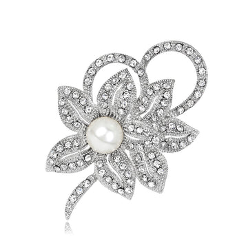 Silver Tone Flower Pearl Look Metal Brooch Pin 7 x 3.9 cm