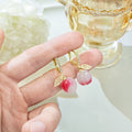 Elegant Pink Peach Fruit And Leaf Dangle Hoop, Gold Alloy Rhinestone Inlaid Summer Earrings view 1