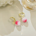 Elegant Pink Peach Fruit And Leaf Dangle Hoop, Gold Alloy Rhinestone Inlaid Summer Earrings view 2