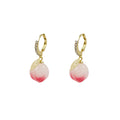 Elegant Pink Peach Fruit And Leaf Dangle Hoop, Gold Alloy Rhinestone Inlaid Summer Earrings view 5