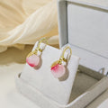 Elegant Pink Peach Fruit And Leaf Dangle Hoop, Gold Alloy Rhinestone Inlaid Summer Earrings view 4
