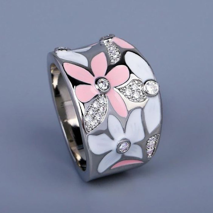 Korean Style Floral Micro Pave Zircon Ring, Fresh Flower Wide Band Index Finger Jewelry For Women