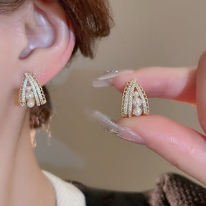 French Light Luxury Faux Pearl Zircon Floral Lace Stud Earrings With Silver Pins
