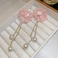 Alloy Floral Rhinestone Pearl Tassel Drop Earrings Korean Style Elegant Jewelry view 2