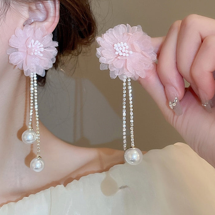 Alloy Floral Rhinestone Pearl Tassel Drop Earrings Korean Style Elegant Jewelry