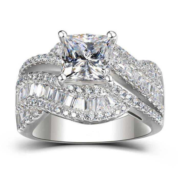 Rotating Twisted Micro Pave Ring With Square Four Prong Cluster Setting Luxury Engagement Ring