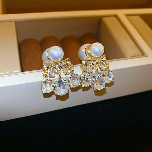 French Light Luxury Alloy Pearl Teardrop Rhinestone Two Way Stud Earrings For Women