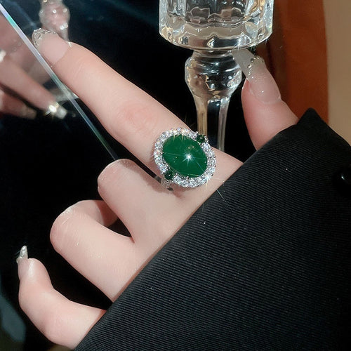 Emerald Green Agate Zircon Oval Open Ring For Women