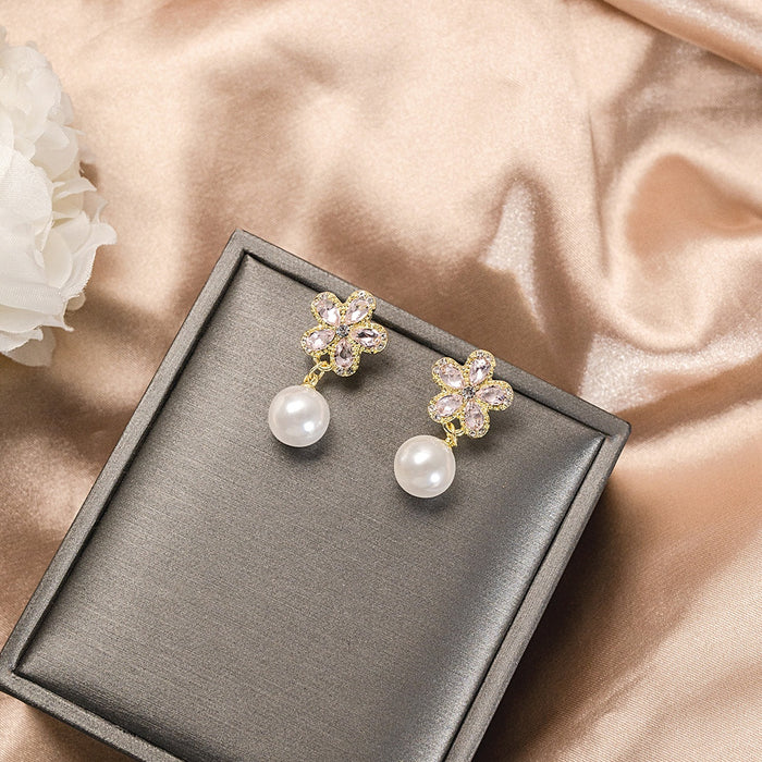 Elegant Light Luxury Korean Style Gold Alloy Pink Zircon Flower Pearl Drop Dangle Stud Earrings
