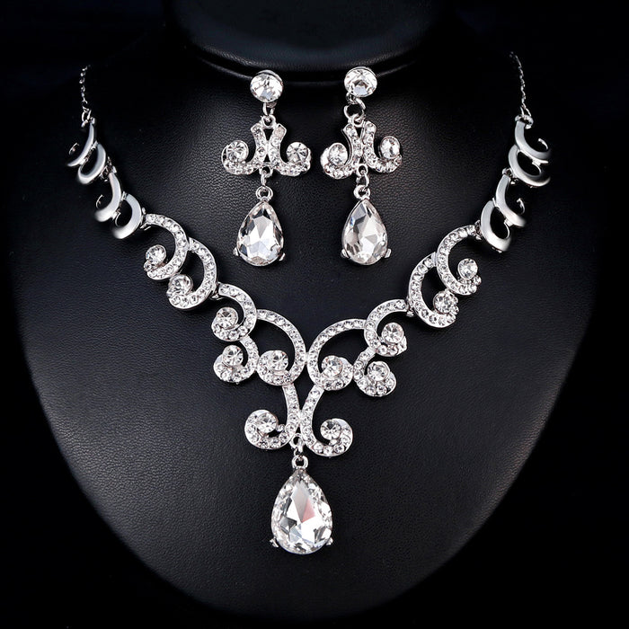Black Silver Tone Crystal Scroll Teardrop Crystal Metal Necklace and Earring Set
