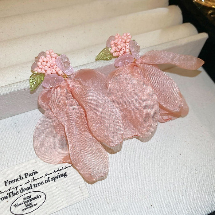 Sweet Floral Fabric Mesh Rice Bead Drop Earrings With Silver Needle Posts For Girls