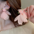 Sweet Floral Fabric Mesh Rice Bead Drop Earrings With Silver Needle Posts For Girls view 2