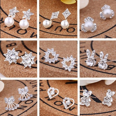 Korean Style Flower Rhinestone Pearl Stud Earrings, Heart Geometric Inlaid Fashion Jewelry