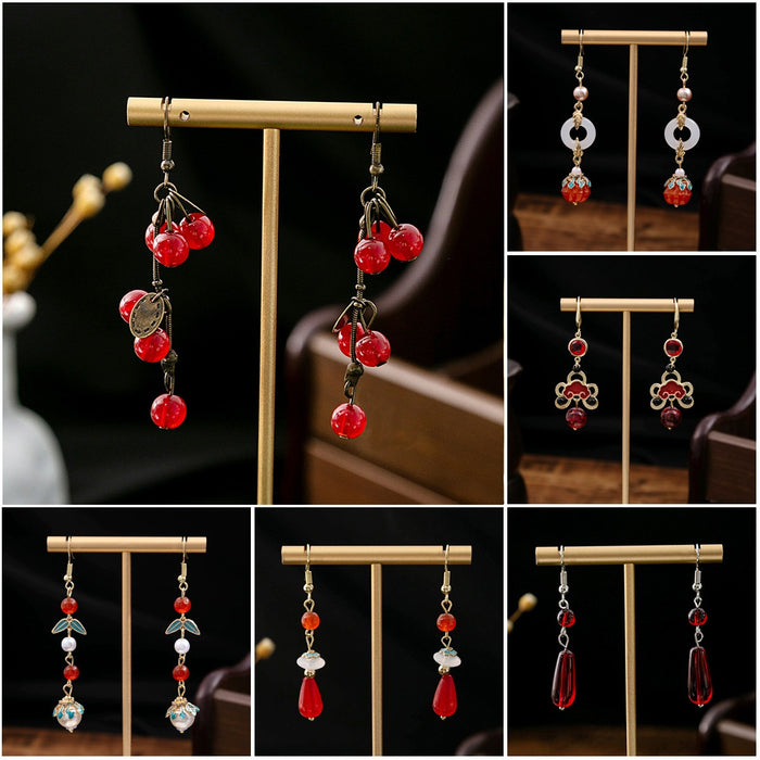 Red Beaded New Chinese Style Cloud Water Drop Pearl Earrings For Qipao Hanfu Accessories