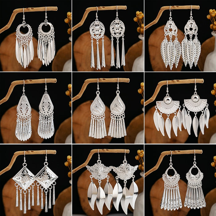 Ethnic Miao Style Geometric Bell Tassel Earrings Bohemian Long Leaf Minority Dangle Earrings