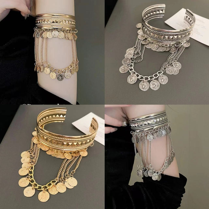 Round Portrait Tassel Open Metal Bangle European American Fashion Arm Cuff For Women