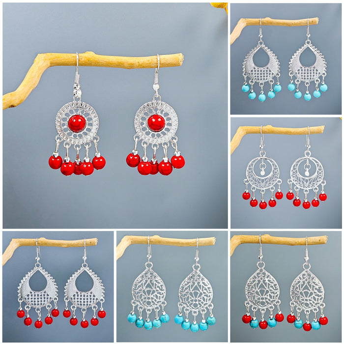Bohemian Ethnic Style Geometric Turquoise Tassel Drop Earrings For Jewelry