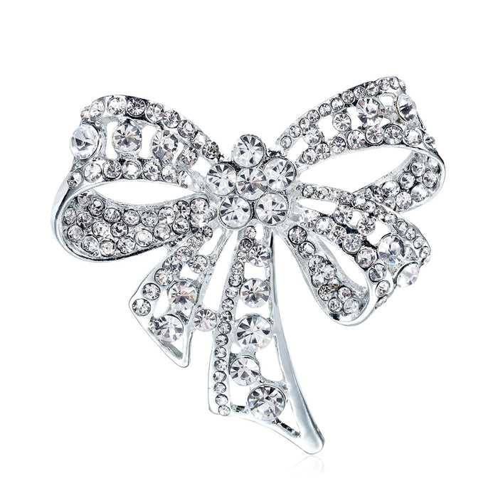 Silver Tone Ribbon Bow Crystal Metal Brooch Pin for Jackets and Lapels