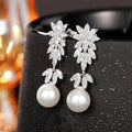 Luxury Bridal Wedding Dress Earrings, Sparkling Faux Pearl Flower Banquet Earrings For Women view 2