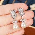 Luxury Bridal Wedding Dress Earrings, Sparkling Faux Pearl Flower Banquet Earrings For Women view 4