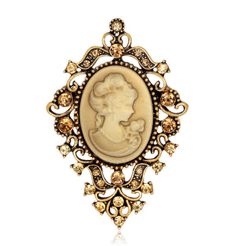 Black Gold Tone Woman Portrait Crystal Two Designs Metal Brooch Pin