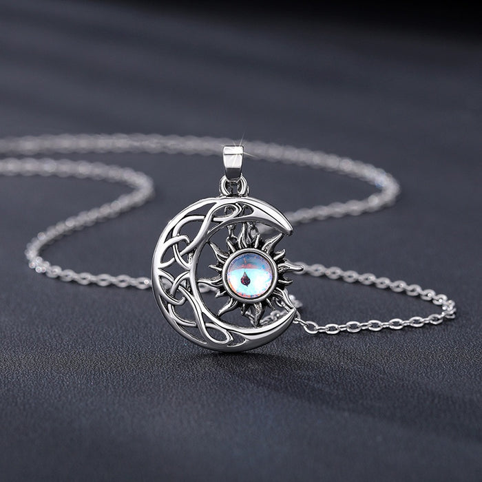 Vintage Sun And Moon Pendant Necklace With Simulated Moonstone, Unisex Clavicle Chain Jewelry