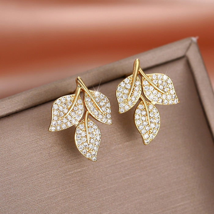 Sparkling Rhinestone Leaf Stud Earrings For Women, Small Floral Noble Style Versatile Ear Jewelry