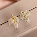 Sparkling Rhinestone Leaf Stud Earrings For Women, Small Floral Noble Style Versatile Ear Jewelry view 2
