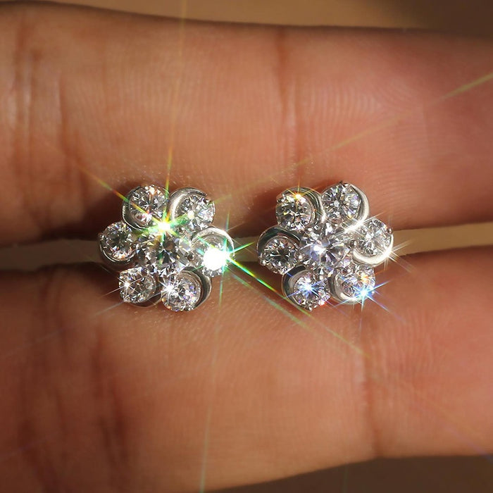 Sparkling Zircon Flower Stud Earrings, Light Luxury Snowflake Floral Classic Ear Jewelry