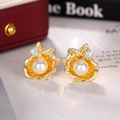Simple Faux Pearl Shell Flower Stud Earrings French Vintage Light Luxury Elegant Jewelry