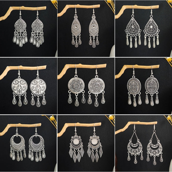 Vintage Bohemian Alloy Geometric Teardrop Chandelier Tassel Dangle Ethnic Travel Souvenir Earrings