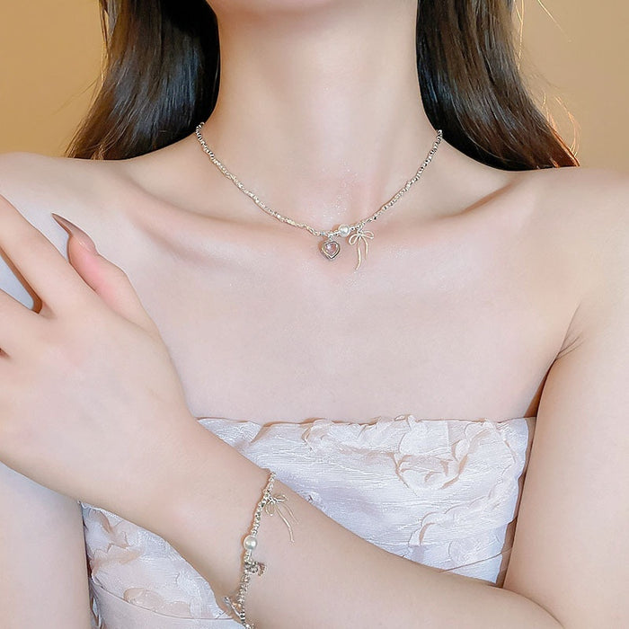 Light Luxury Cubic Zirconia Heart Bow Faux Pearl Necklace Jewelry Set