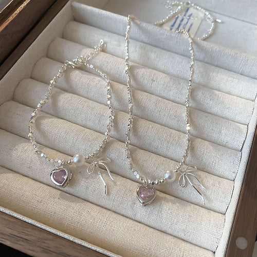Light Luxury Cubic Zirconia Heart Bow Faux Pearl Necklace Jewelry Set