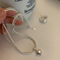 Elegant French Double Layer Faux Pearl Heart Pendant Necklace With Silver Bead Accents view 4
