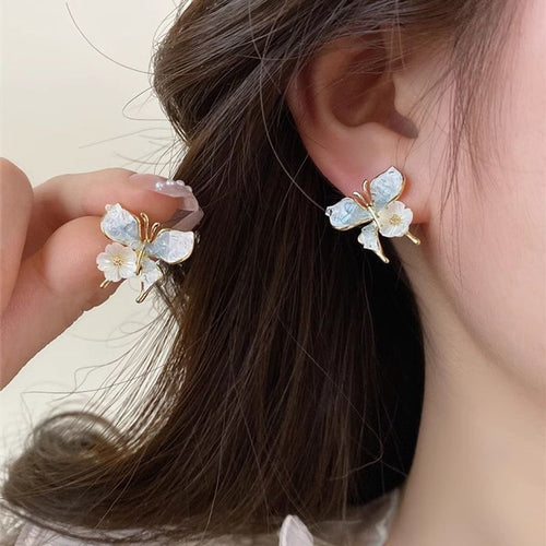 Fresh Gradient Blue Glass Bead Butterfly Flower Drop Earrings With Silver Pins