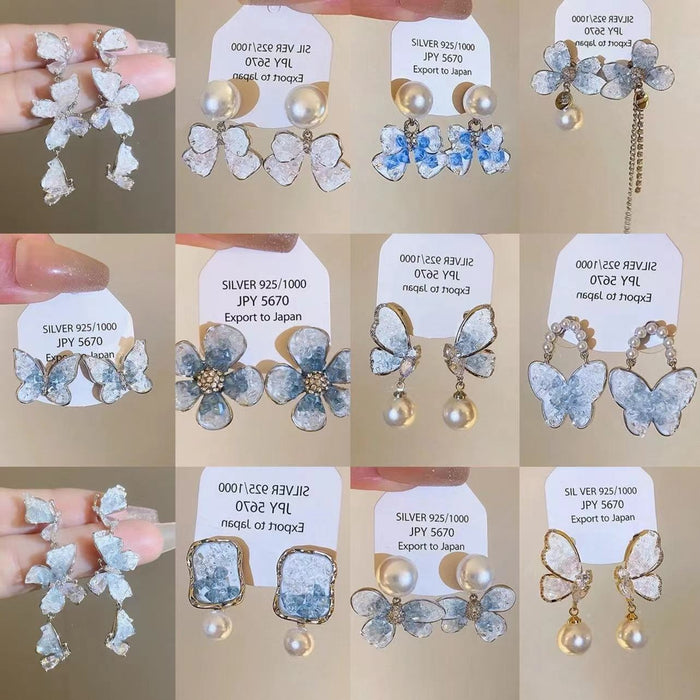 Fresh Gradient Blue Glass Bead Butterfly Flower Drop Earrings With Silver Pins