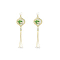 Vintage Chinese Style Bamboo Leaf Enamel Fan Rhinestone Pearl Long Tassel Alloy Drop Earrings view 5