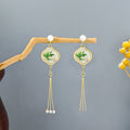 Vintage Chinese Style Bamboo Leaf Enamel Fan Rhinestone Pearl Long Tassel Alloy Drop Earrings view 1