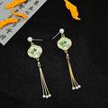 Vintage Chinese Style Bamboo Leaf Enamel Fan Rhinestone Pearl Long Tassel Alloy Drop Earrings view 2