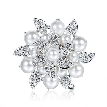 Silver Tone Flower Pearl Look Metal Brooch Pin 3.5 x 5 cm
