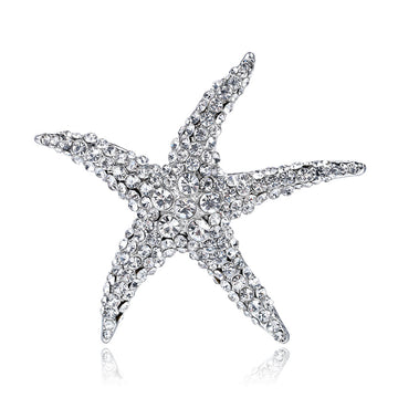 Silver Tone Starfish Crystal Metal Brooch Pin for Jackets and Lapels