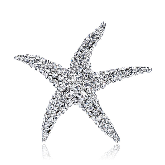 Silver Tone Starfish Crystal Metal Brooch Pin for Jackets and Lapels