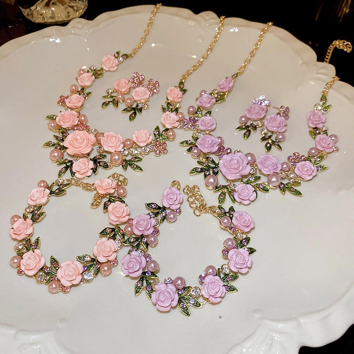 Floral Leaf Rhinestone Faux Pearl Necklace Jewelry Set Pastoral Style Sweet Collarbone Chain