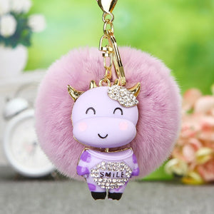 Plush Pom-Pom Cow Keychain with Rhinestone Heart and Metal Clasp
